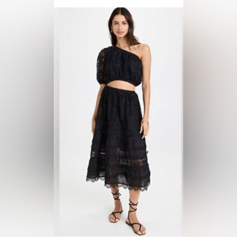 Waimari Jade Black Lace Midi Dress One-Shoulder Dress Nwt New